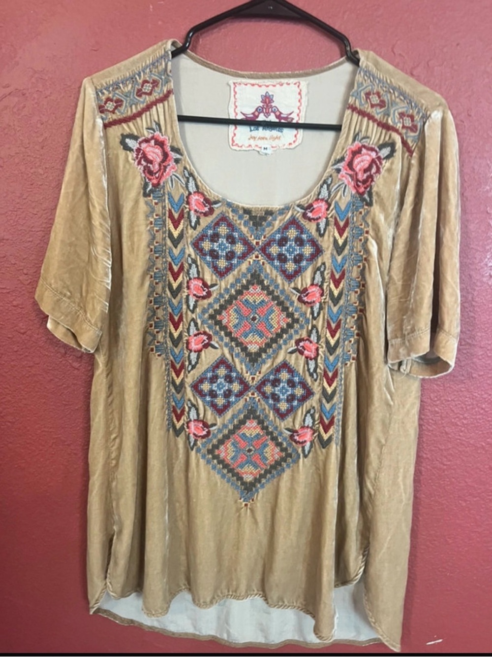 Embroidered gold Velvet Scoop Neck Women's Top